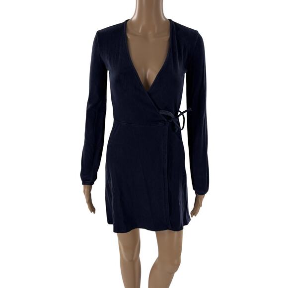 Aritzia Sunday Best Blue Alexi Ribbed Wrap Tie Mini Dress - Picture 2 of 9